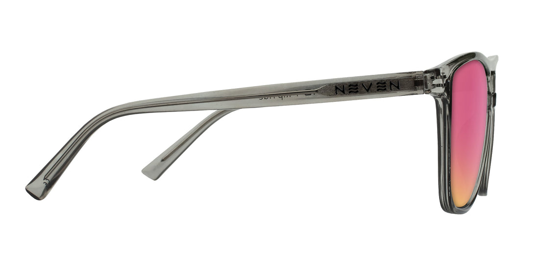 Side view of Rip Tide prescription sunglasses showcasing a cool gray frame and rose pink gradient lens on white background