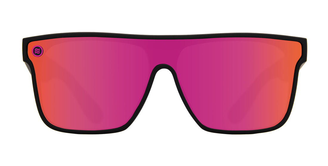 Bliss Black sunglasses with hot pink polarized lenses.