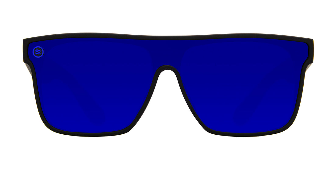 Blue polarized sunglasses with a black frame.