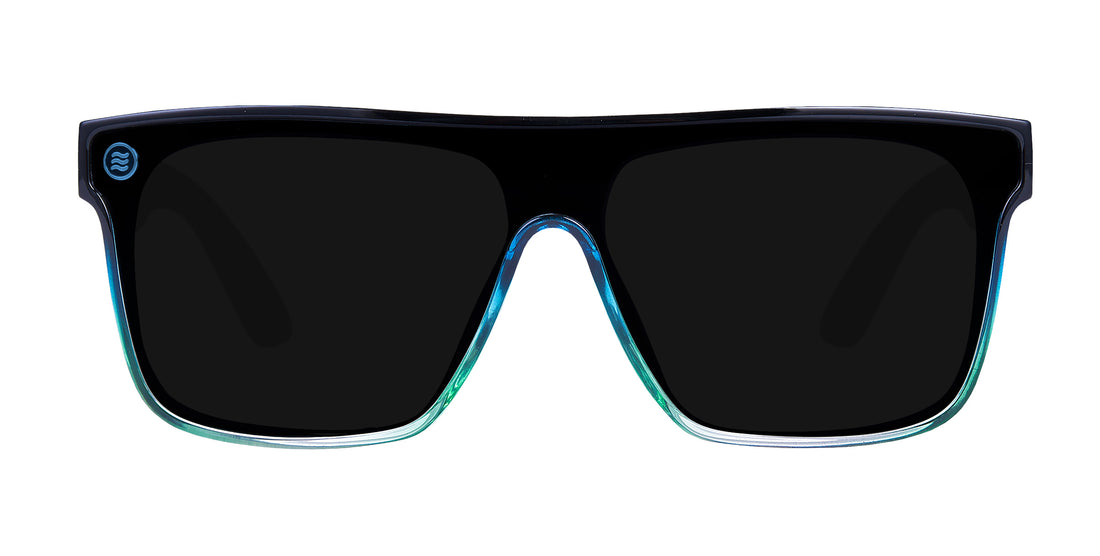 Front view of Turnstile sunglasses with black lenses and a blue-green frame.