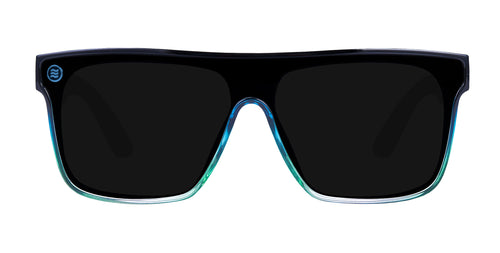 Front view of Turnstile sunglasses with black lenses and a blue-green frame.