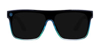 Front view of Turnstile sunglasses with black lenses and a blue-green frame.