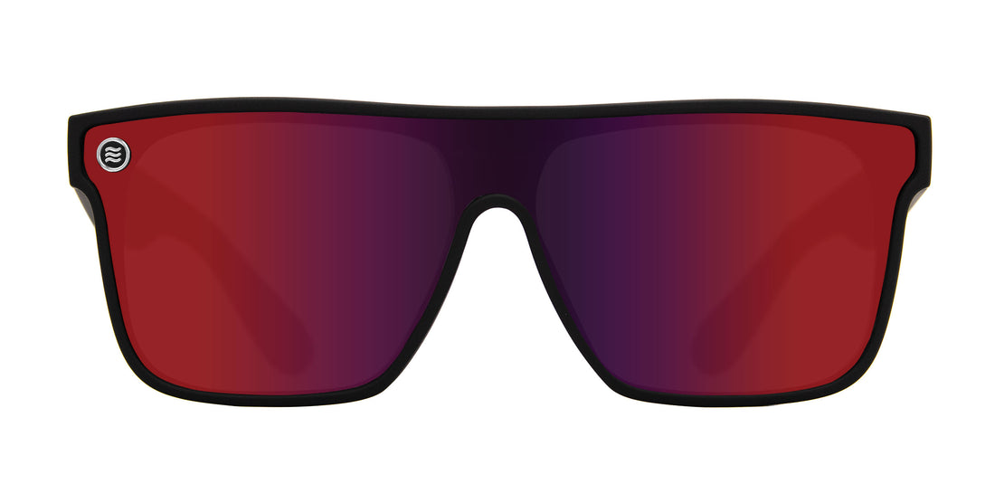 Front view of red-tinted sunglasses with a black frame.