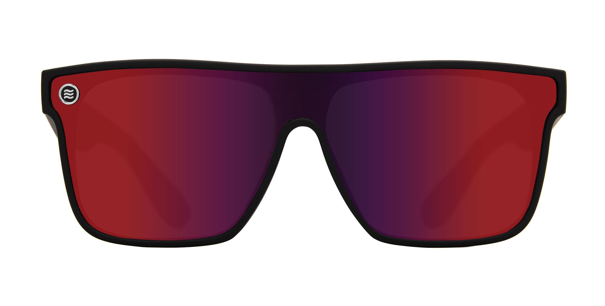 Front view of red-tinted sunglasses with a black frame.