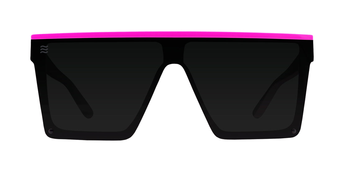 Front view of Never Enough Polarized Sunglasses showcasing flat-top black frame with pink top bar and dark polarized lenses on white background