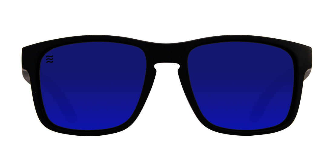 Front view of Blue Steel sunglasses with black frames and blue polarized lenses from Neven Eyewear’s Mattex collection