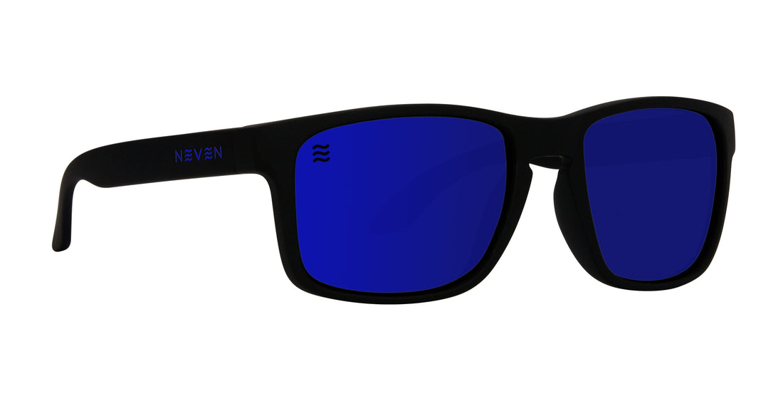 Side angle of Blue Steel sunglasses with black frames and blue polarized lenses from Neven Eyewear’s Mattex collection