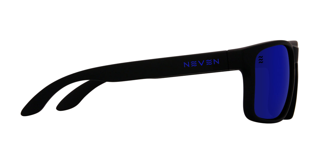 Side view of Blue Steel sunglasses with black frames and blue polarized lenses from Neven Eyewear’s Mattex collection