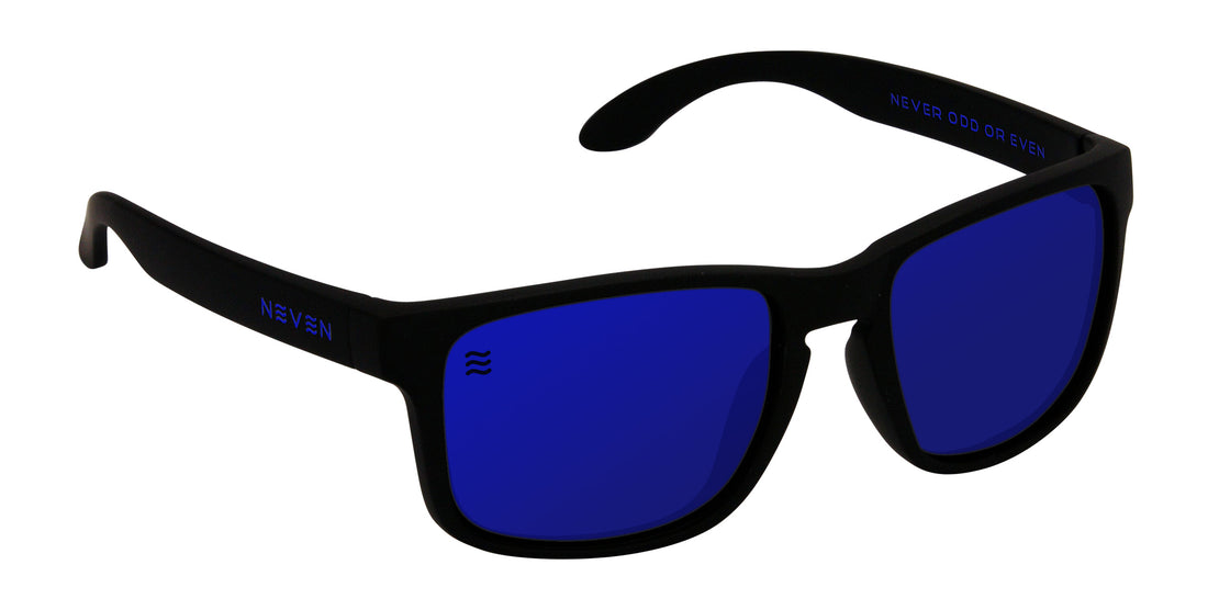 Side angle of Blue Steel sunglasses with black frames and blue polarized lenses from Neven Eyewear’s Mattex collection