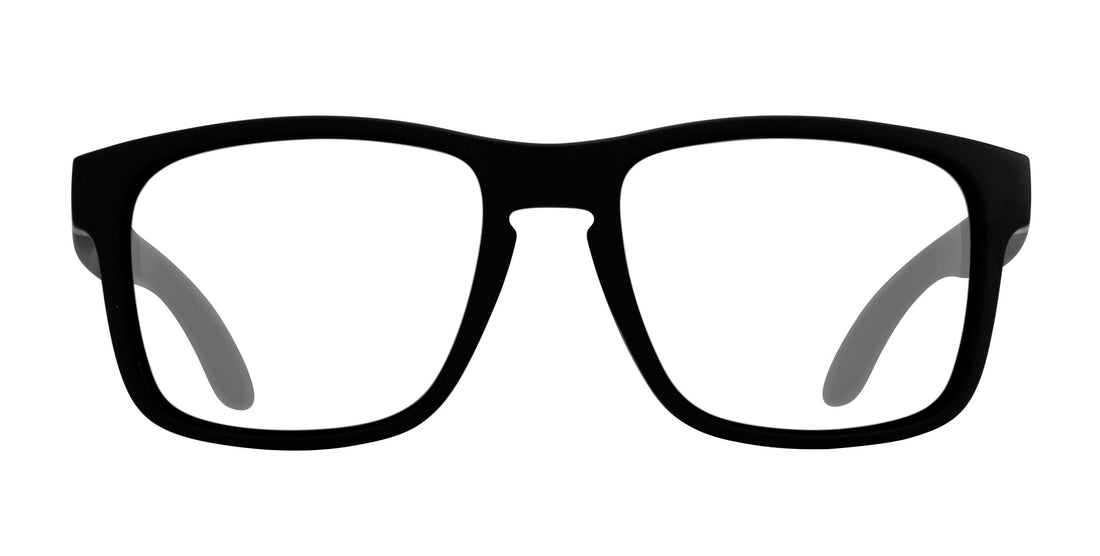 Front close-up of Doom prescription sunglasses showcasing matte black TR90 frame with clear prescription lenses on white background
