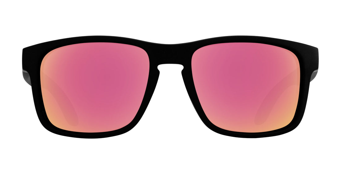 Front view of Doom prescription sunglasses showing black frame and rose-pink mirrored lenses on white background