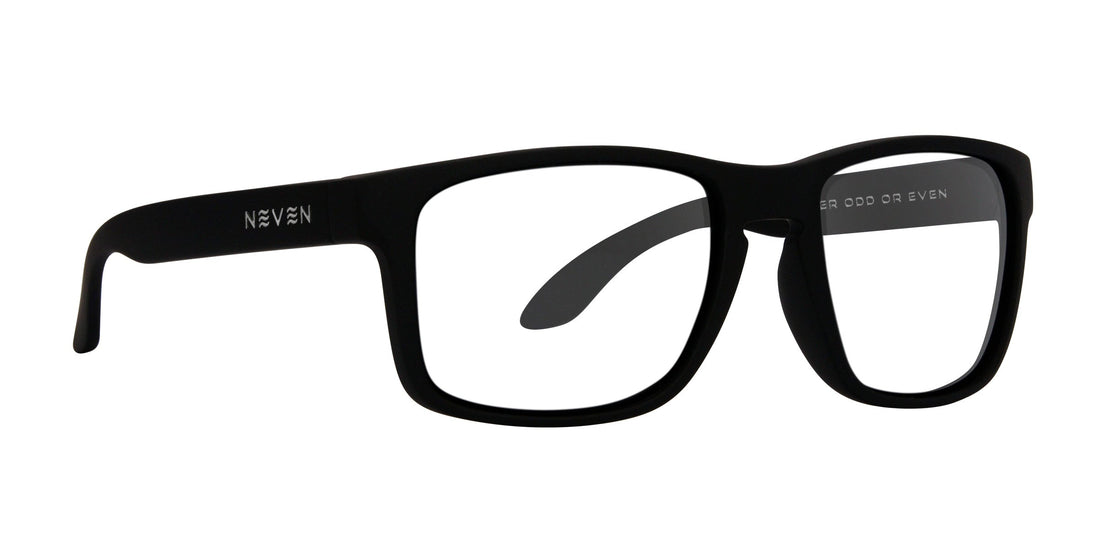 Three-quarter view of Doom prescription eyeglass frame in matte black TR90 showcasing clear Rx lenses and Neven logo on white background