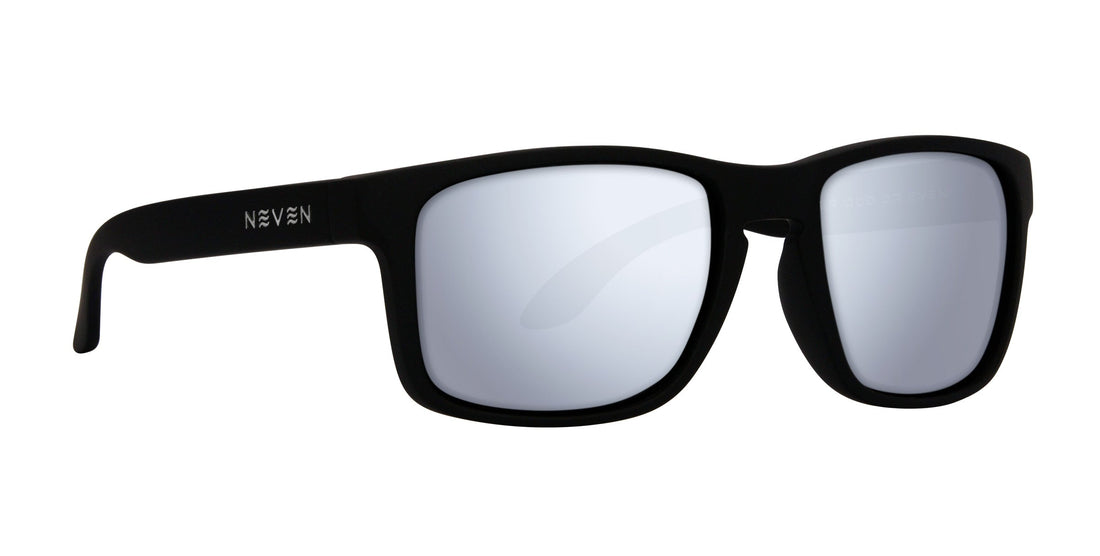 Close-up front-right of Doom prescription sunglasses with matte black TR90 frame and silver mirrored polarized lenses on white background