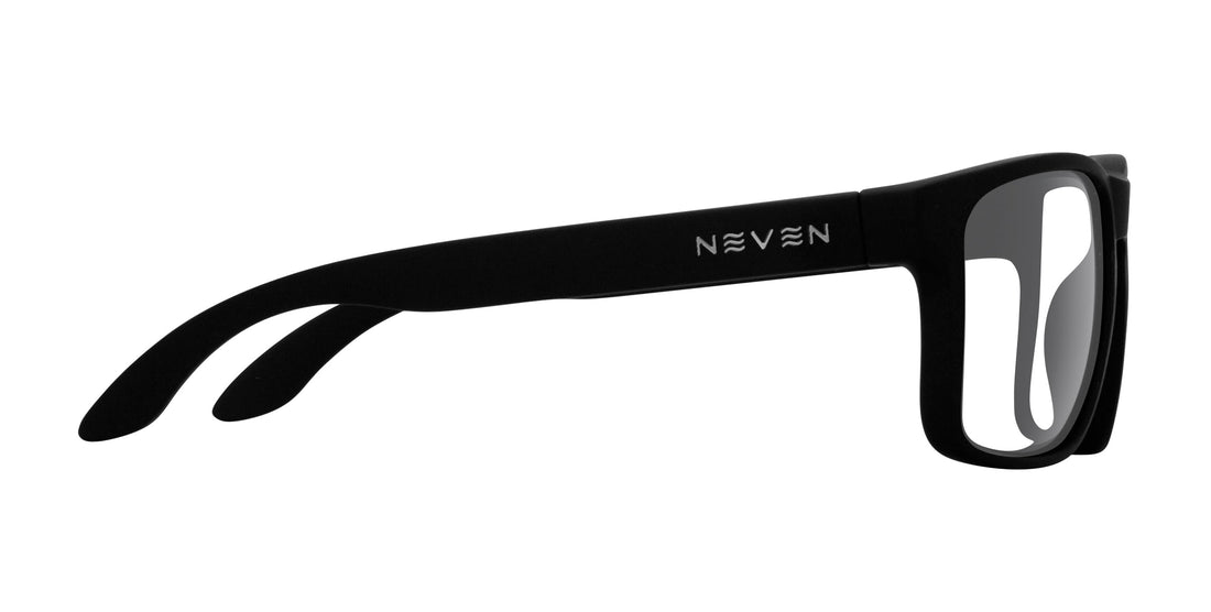 Right side view of Doom prescription sunglasses showing black matte frame, clear lenses and NEVEN logo on white background