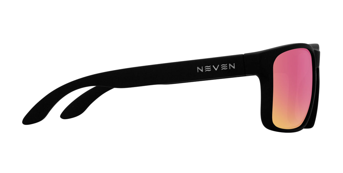 Side view of Doom Rx sunglasses with matte black frame, Neven logo on temple and rose-pink mirrored lenses on white background