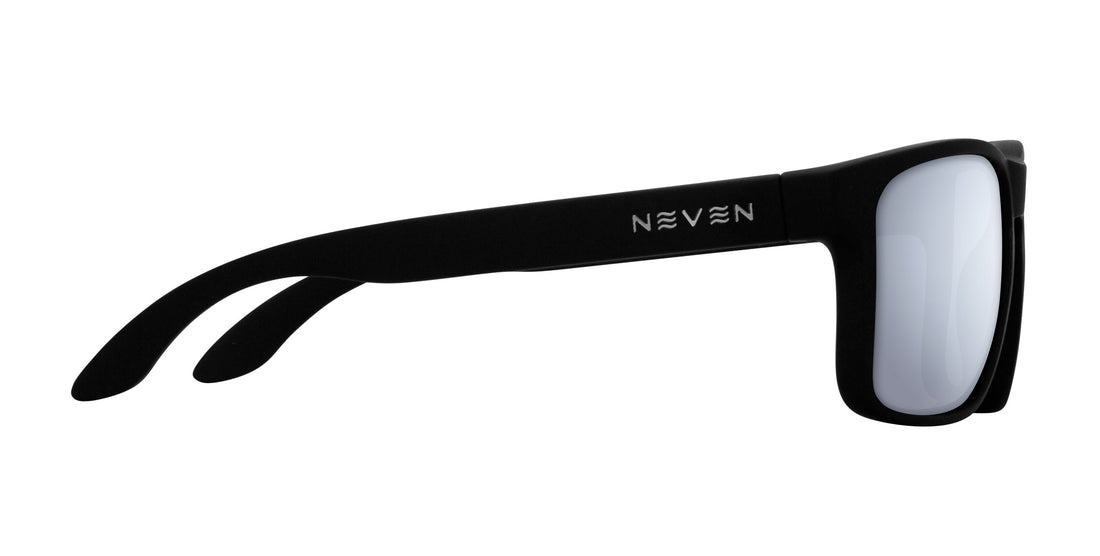 Side view of Doom Rx sunglasses showcasing black TR90 temple with NEVEN logo and silver polarized lenses on white background
