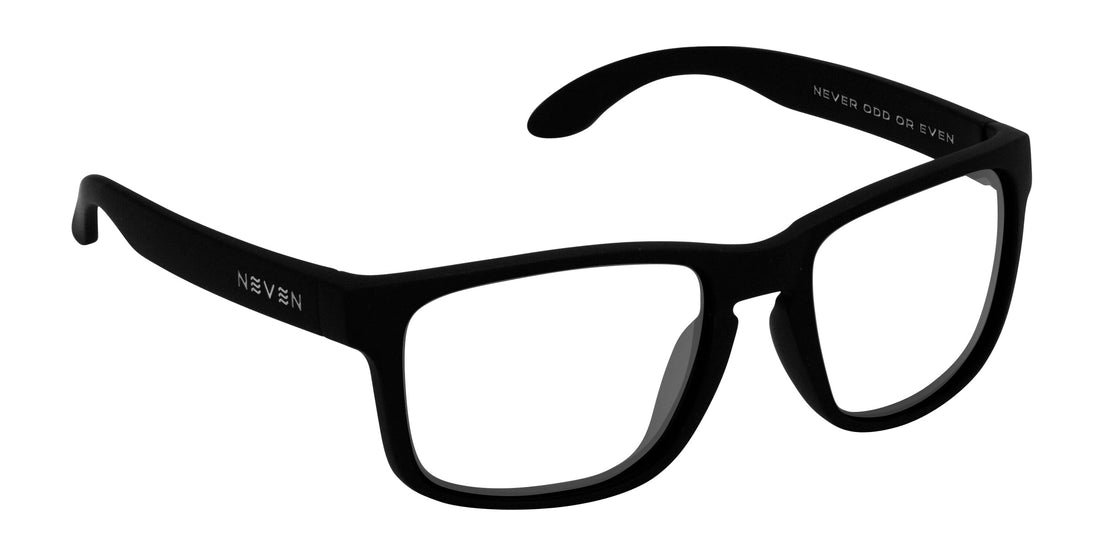 Close-up three-quarter view of Doom black rectangular prescription frames showing matte finish and Neven logo on the temple on a white background