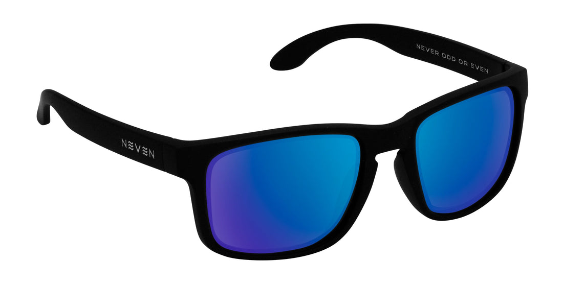 Three-quarter view of Doom prescription sunglasses showcasing a matte black frame and blue mirrored coastal lenses on a white background