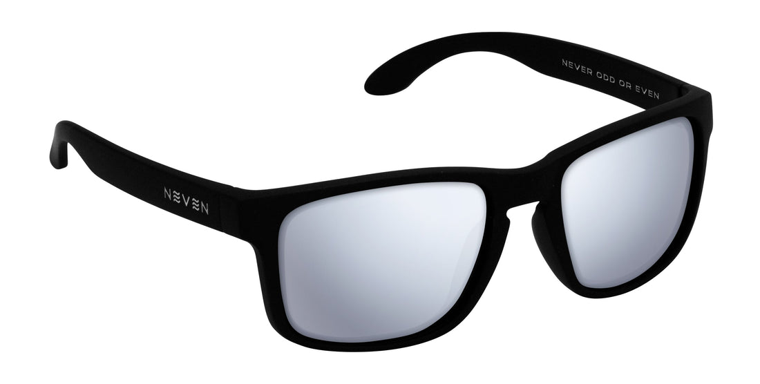 Close-up three-quarter view of Doom RX sunglasses showing silver mirrored lenses and TR90 black frame on white background