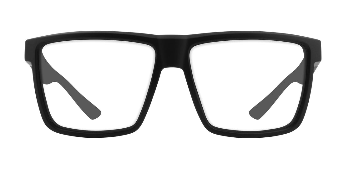 Front view of Honey Hole prescription glasses showcasing a matte black square frame with clear lenses