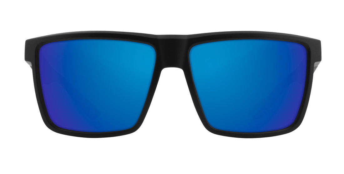 Front view of Honey Hole prescription sunglasses showing matte black square frame and blue mirrored lenses
