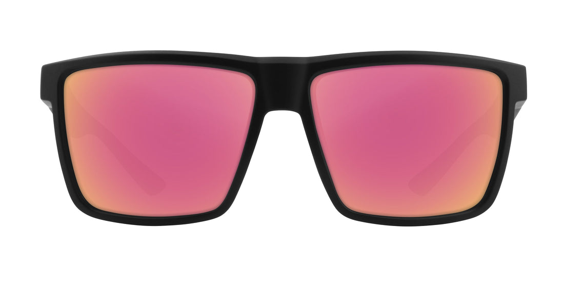 Front view of Honey Hole prescription sunglasses showing matte black square frame and rose-pink mirrored lenses