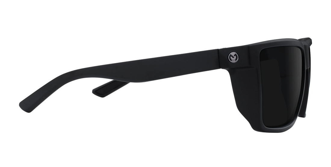 Side view of Honey Hole prescription sunglasses showcasing matte black frame, wide temple with Joey logo