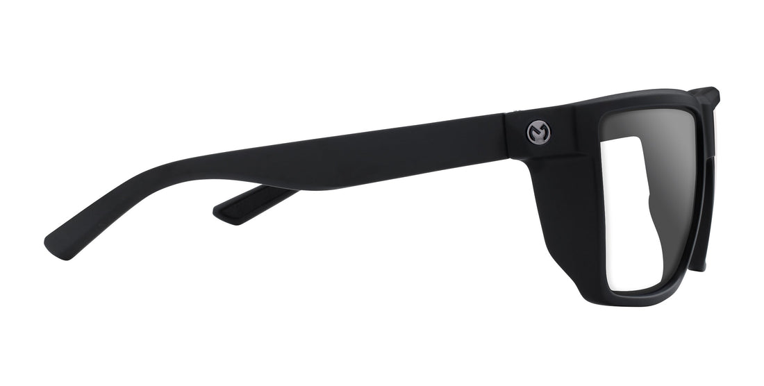 Side close-up of Honey Hole prescription sunglasses showcasing matte black frame, clear lenses and Joey Miuccio logo on temple