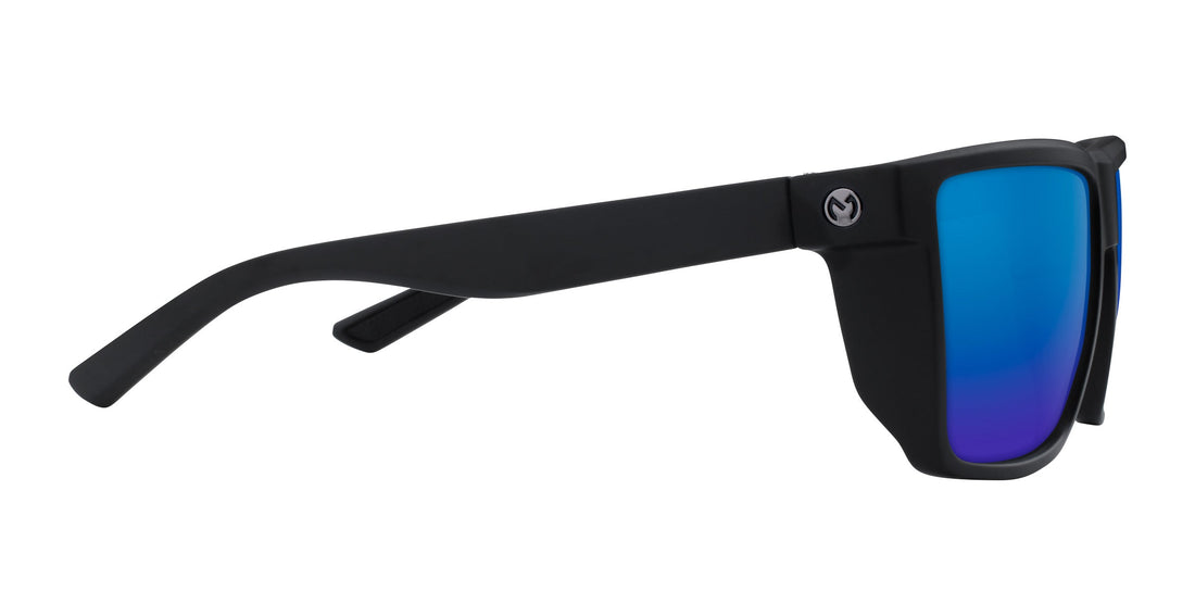 Right-side view of Honey Hole sunglasses showing matte black frame, coastal blue mirrored lens, and MLB logo on temple