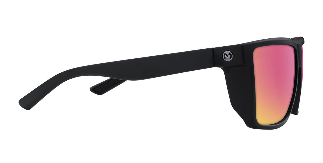 Side view of Honey Hole sunglasses showing matte black frame, Joey Miuccio logo on temple and rose-pink mirrored lens