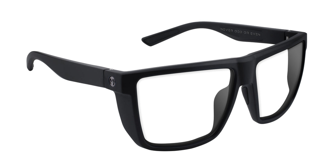 Three-quarter close-up of Honey Hole Rx sunglasses showing matte black frame, clear lenses and temple logo on white