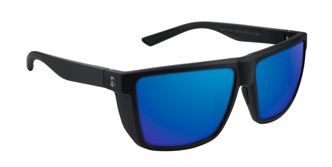 Three-quarter view of Honey Hole sunglasses showcasing matte black frame and blue mirrored prescription lenses on white background