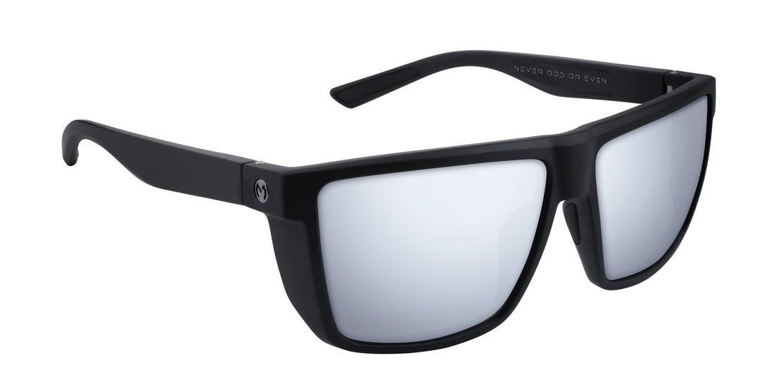 Angled close-up of Honey Hole sunglasses showing silver mirrored Rx lenses and matte black frame with temple logo on white background