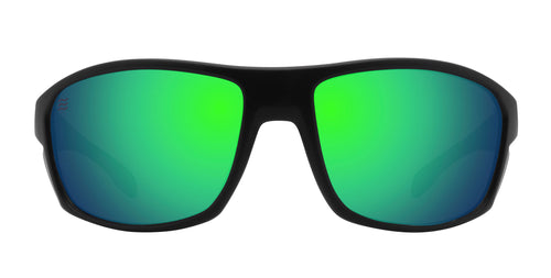 Black sunglasses with green and blue polarized lenses.