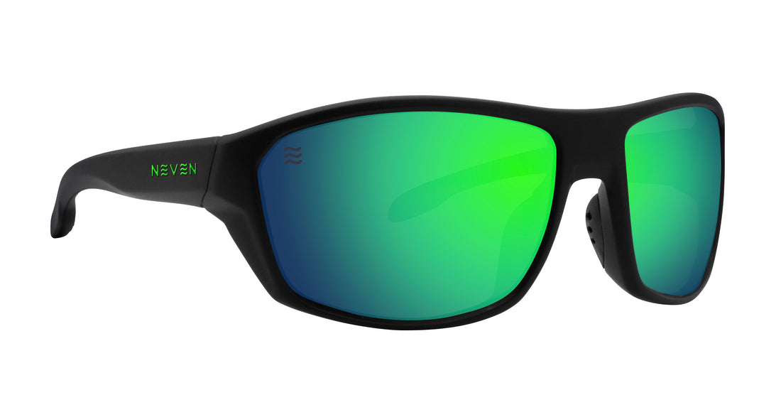 Three-quarter view of Raritan polarized sunglasses with green mirrored lenses and black wraparound frame on white background