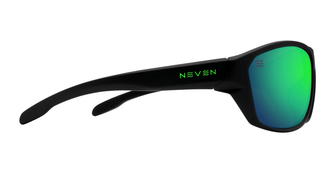 Side view of P. Steele sunglasses with matte black TR90 frame and green polarized lenses on white