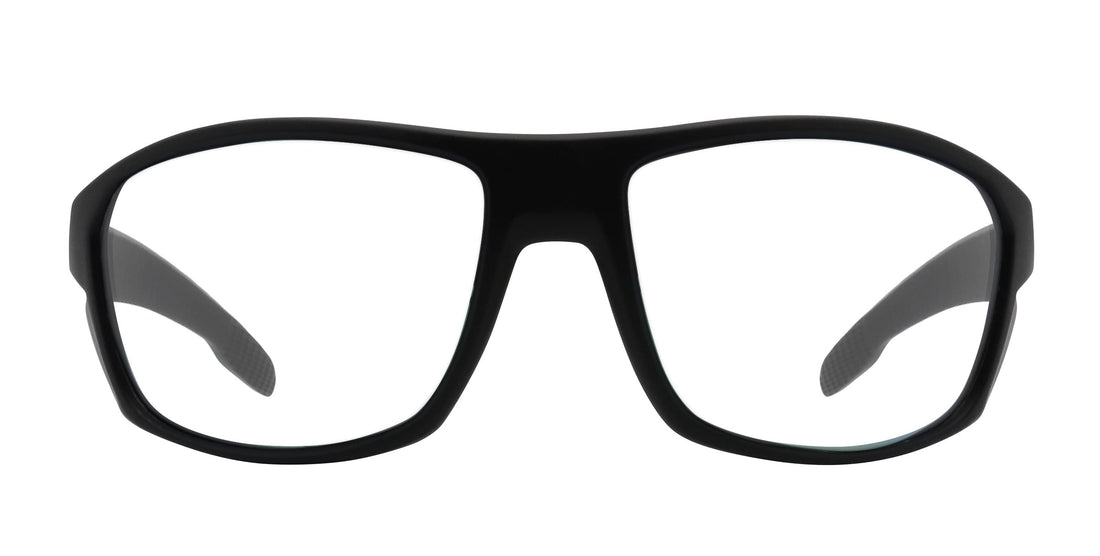 Front view of Raritan prescription sunglasses showcasing black frames and clear lenses on a white background