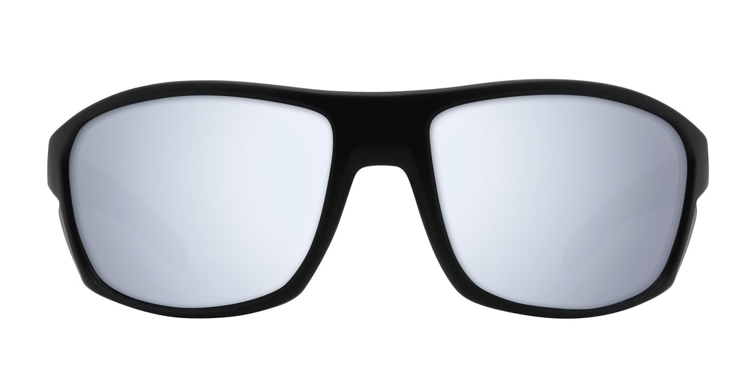 Front view of Raritan Rx sunglasses showing black wraparound frame and silver mirrored lenses