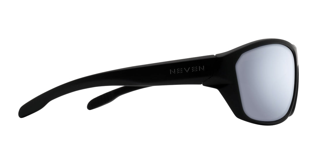 Side profile of Raritan Rx sunglasses showing matte black wraparound frame and silver mirrored prescription lens on white background