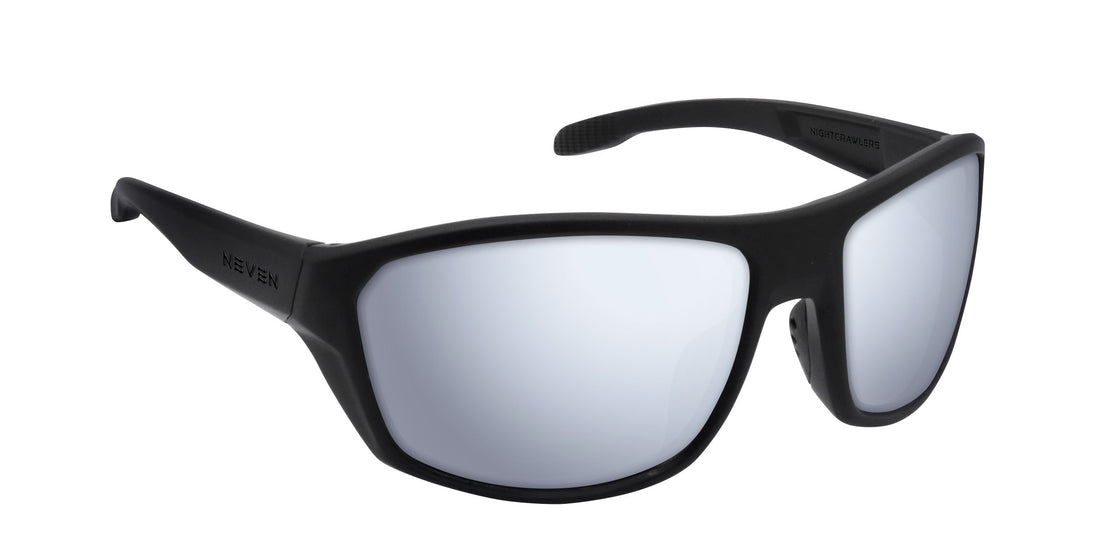 Three-quarter view of Raritan prescription sunglasses showcasing matte black wraparound frame and silver mirrored lenses on white background