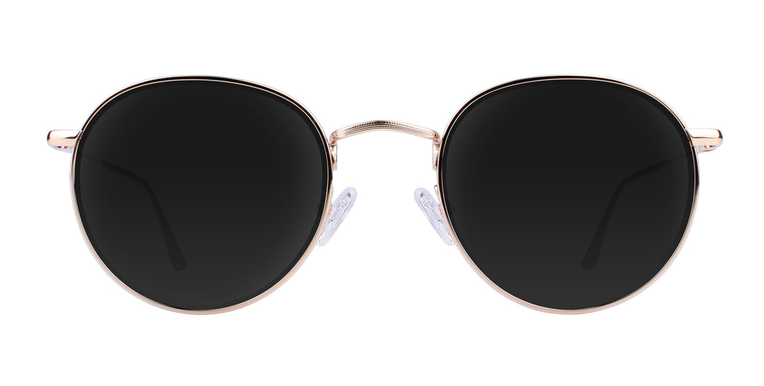 Front close-up of Rae prescription sunglasses showcasing round black lenses and thin gold metal frame