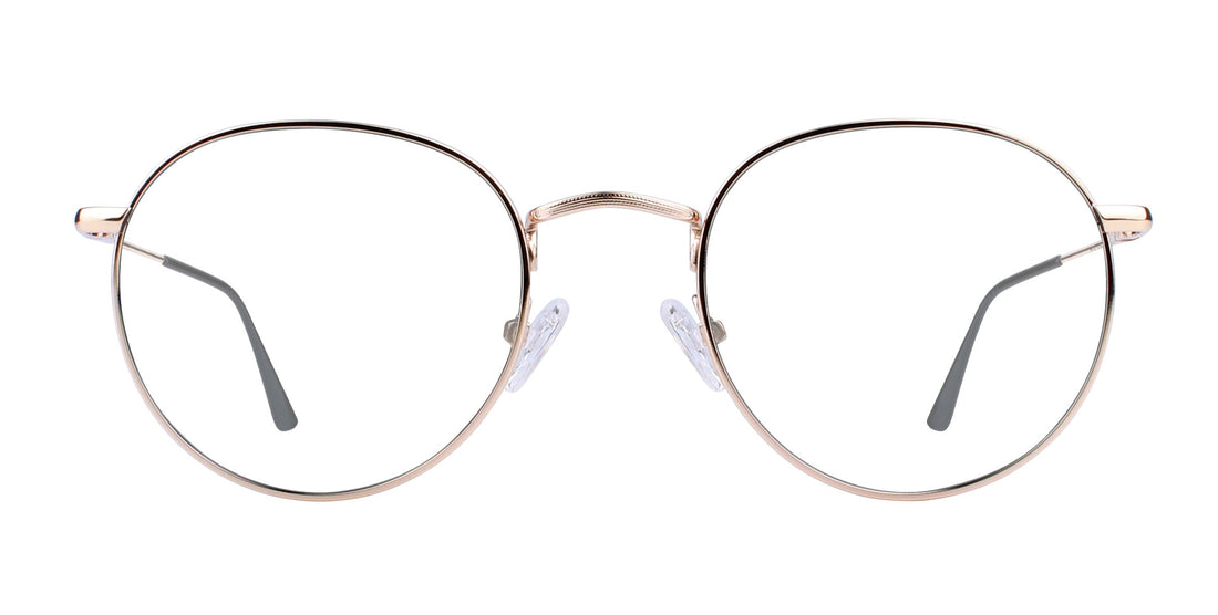 Front view of Rae prescription glasses showcasing thin gold round metal frames, clear lenses and adjustable nose pads