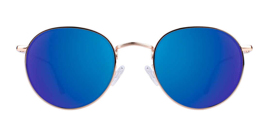 Front view of Rae prescription aviator sunglasses showcasing blue mirrored lenses and gold metal frame