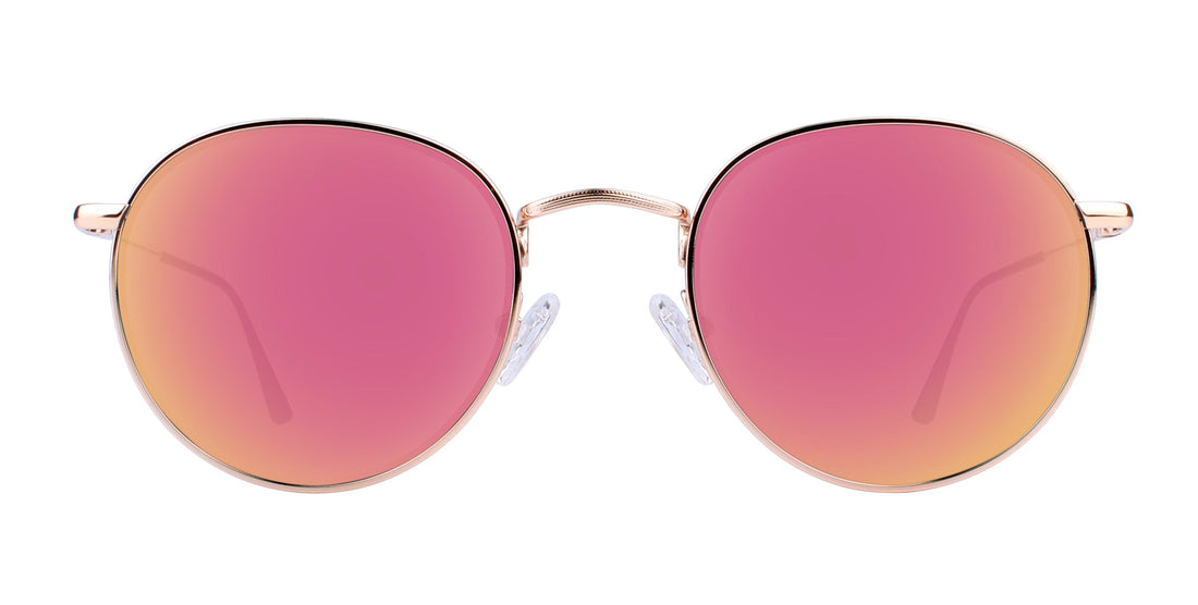 Front view of Rae prescription sunglasses showcasing round gold frames and rose-pink lenses on a white background