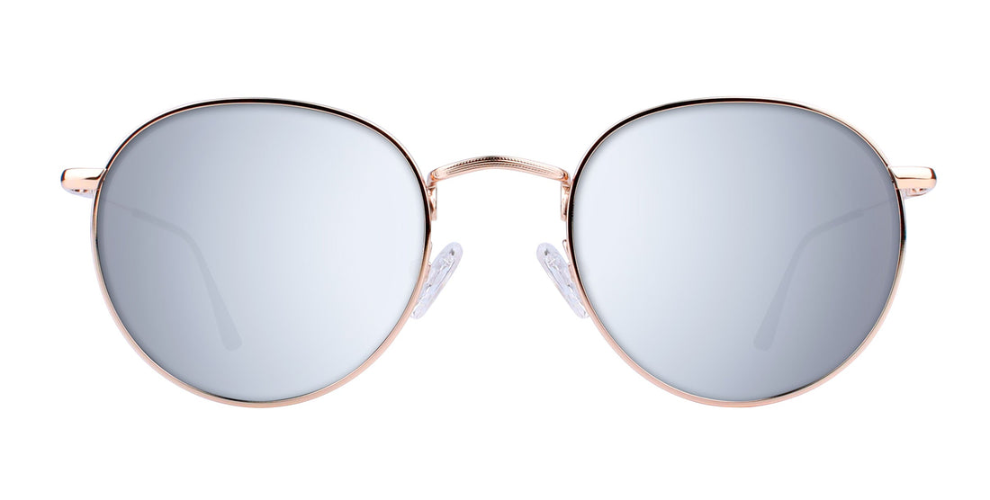 Front close-up of Rae prescription sunglasses showing round rose-gold metal frame and silver mirrored lenses