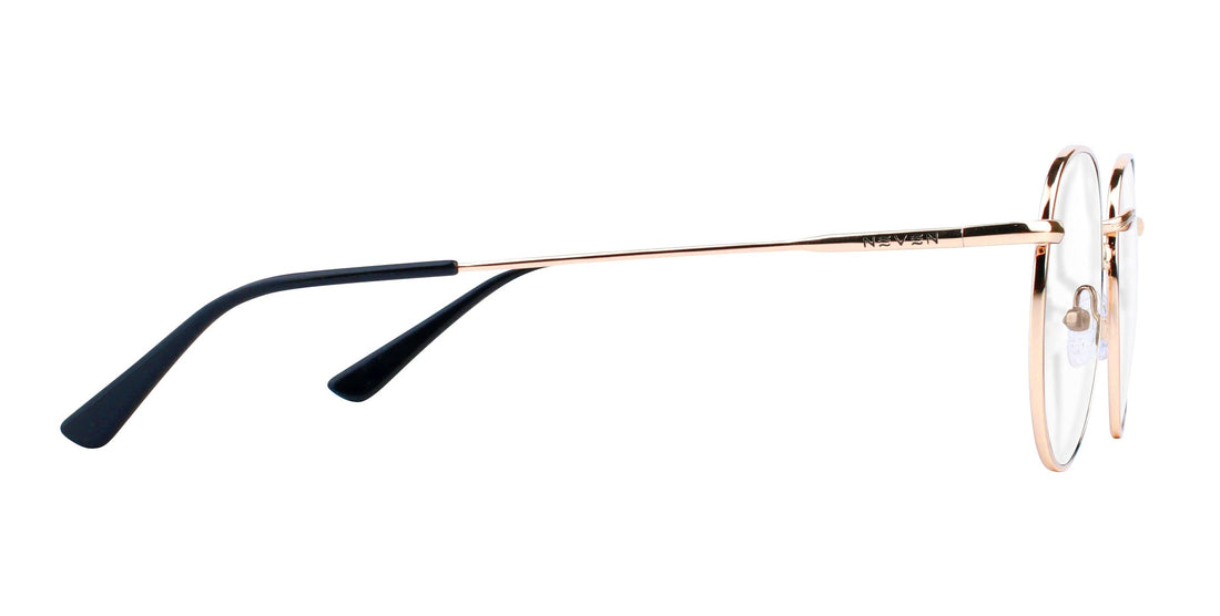 Side view of Rae prescription glasses showcasing gold frames and black temple tips with a white background