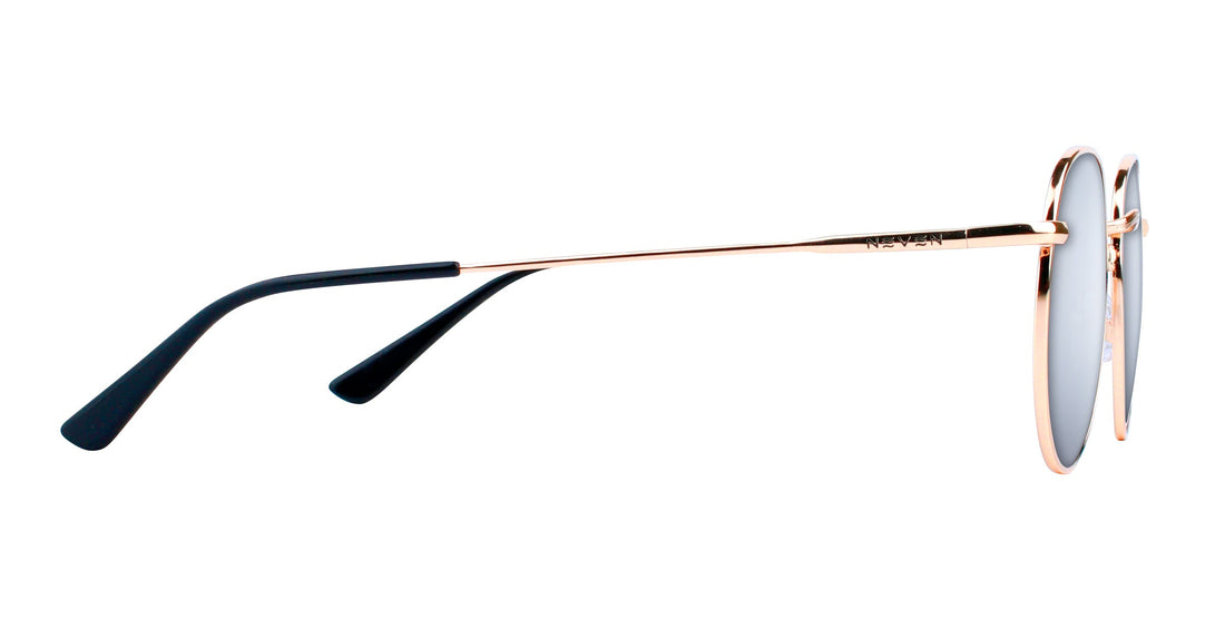 Side view of Rae prescription sunglasses showcasing thin metal temple and black acetate temple tips on white background