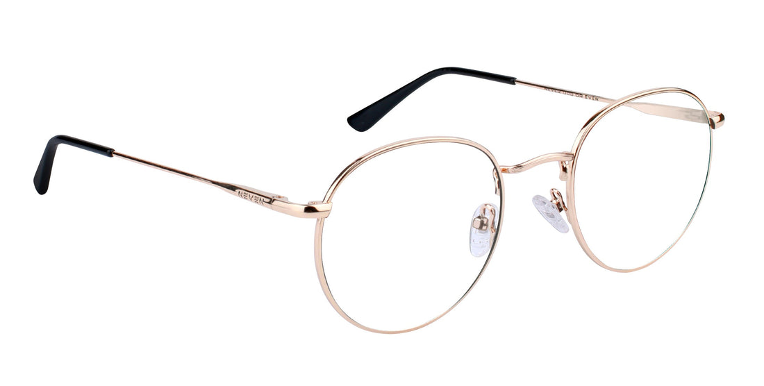 Three-quarter view of Rae prescription glasses showcasing thin gold round metal frames, clear lenses, and black temple tips on a white background