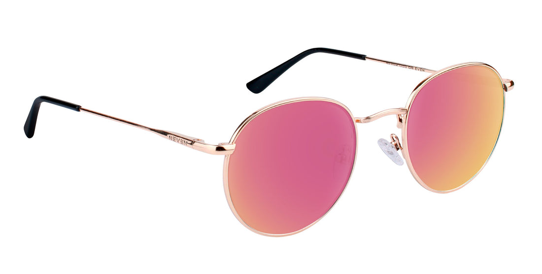 Close-up of Rae prescription sunglasses showing round rose-gold frame and pink mirrored lenses on white background