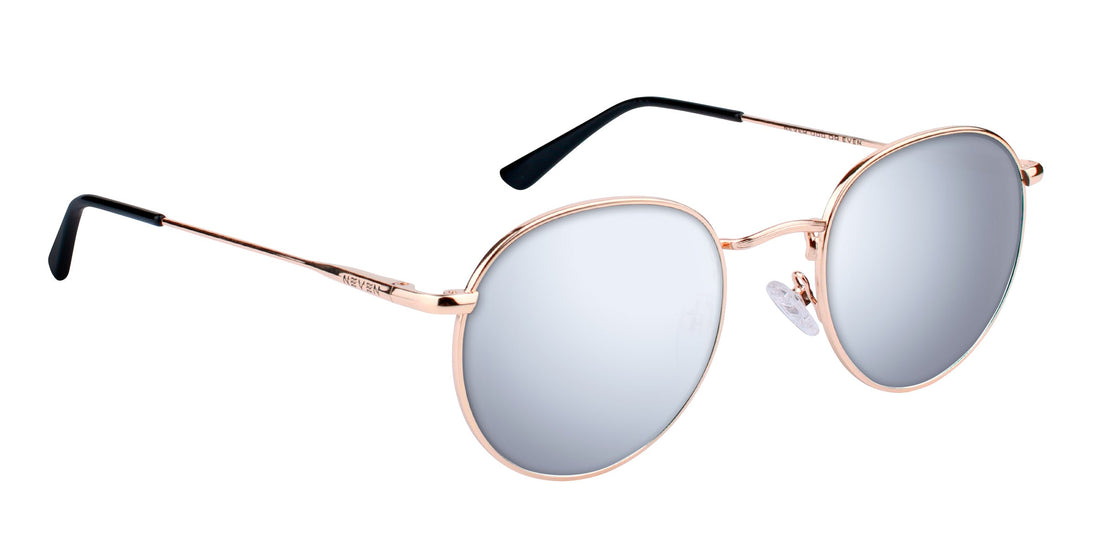 Angled close-up of Rae sunglasses showcasing rose gold frame and mirrored silver lenses on white background